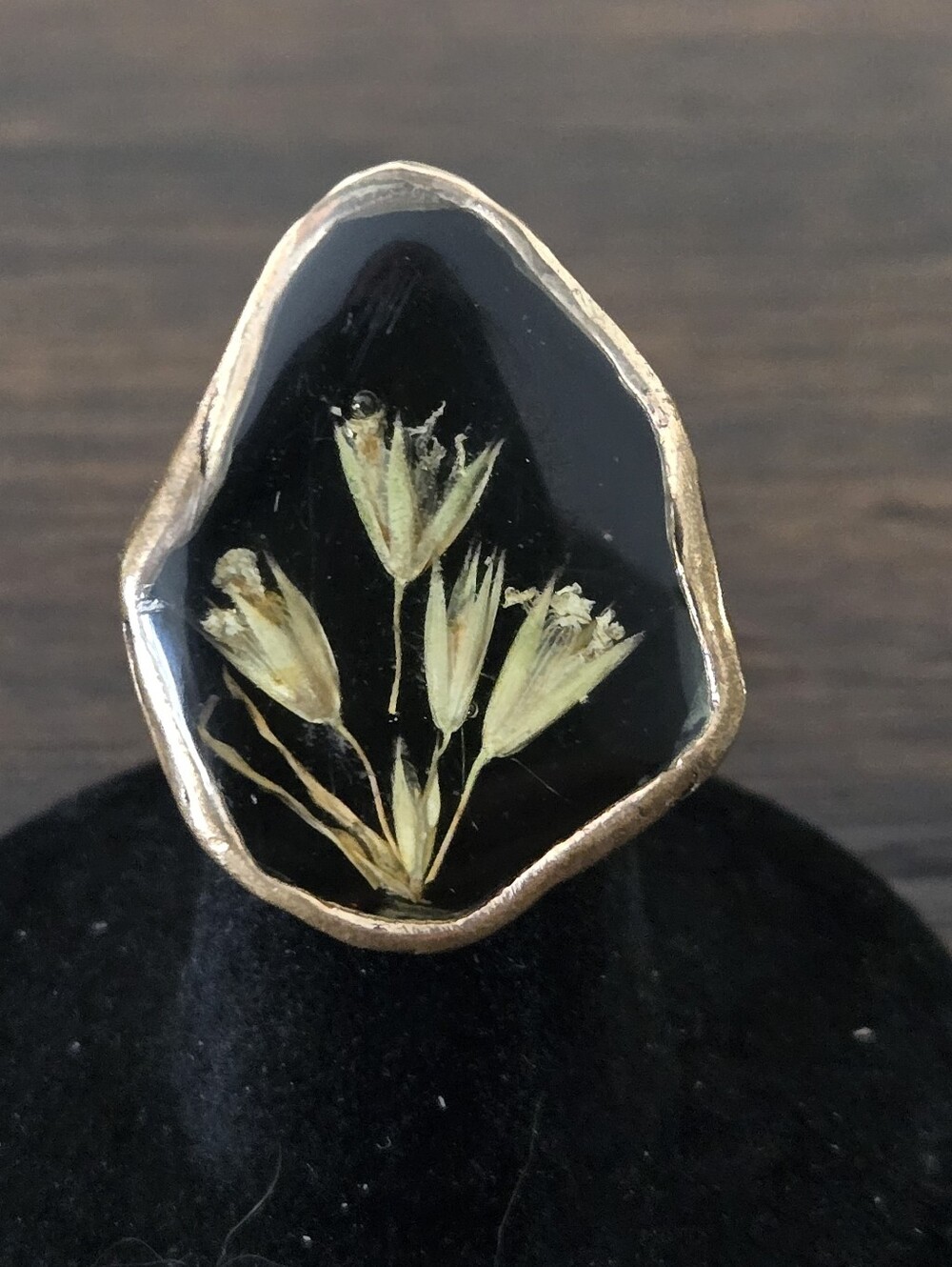 Copper Edged Resin Preserved Flower Black Enamel Botanical Ring Adjustable